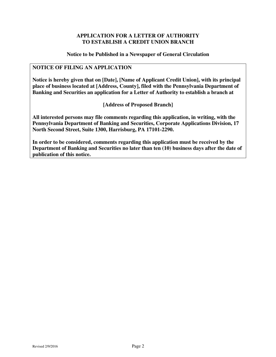 Application for a Letter of Authority to Establish a Credit Union Branch - Pennsylvania, Page 9