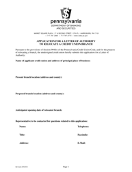 Application for a Letter of Authority to Relocate a Credit Union Branch - Pennsylvania