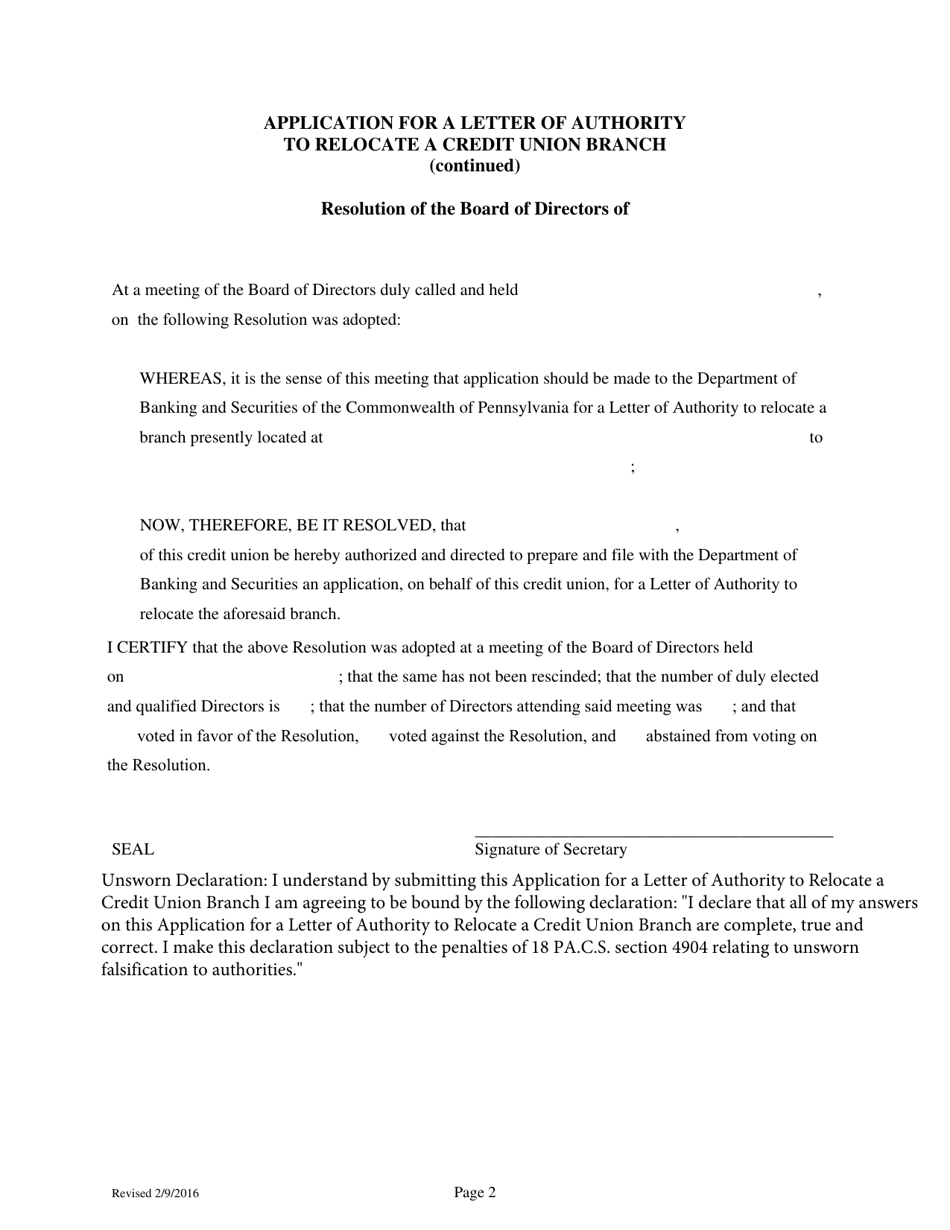 Application for a Letter of Authority to Relocate a Credit Union Branch - Pennsylvania, Page 2