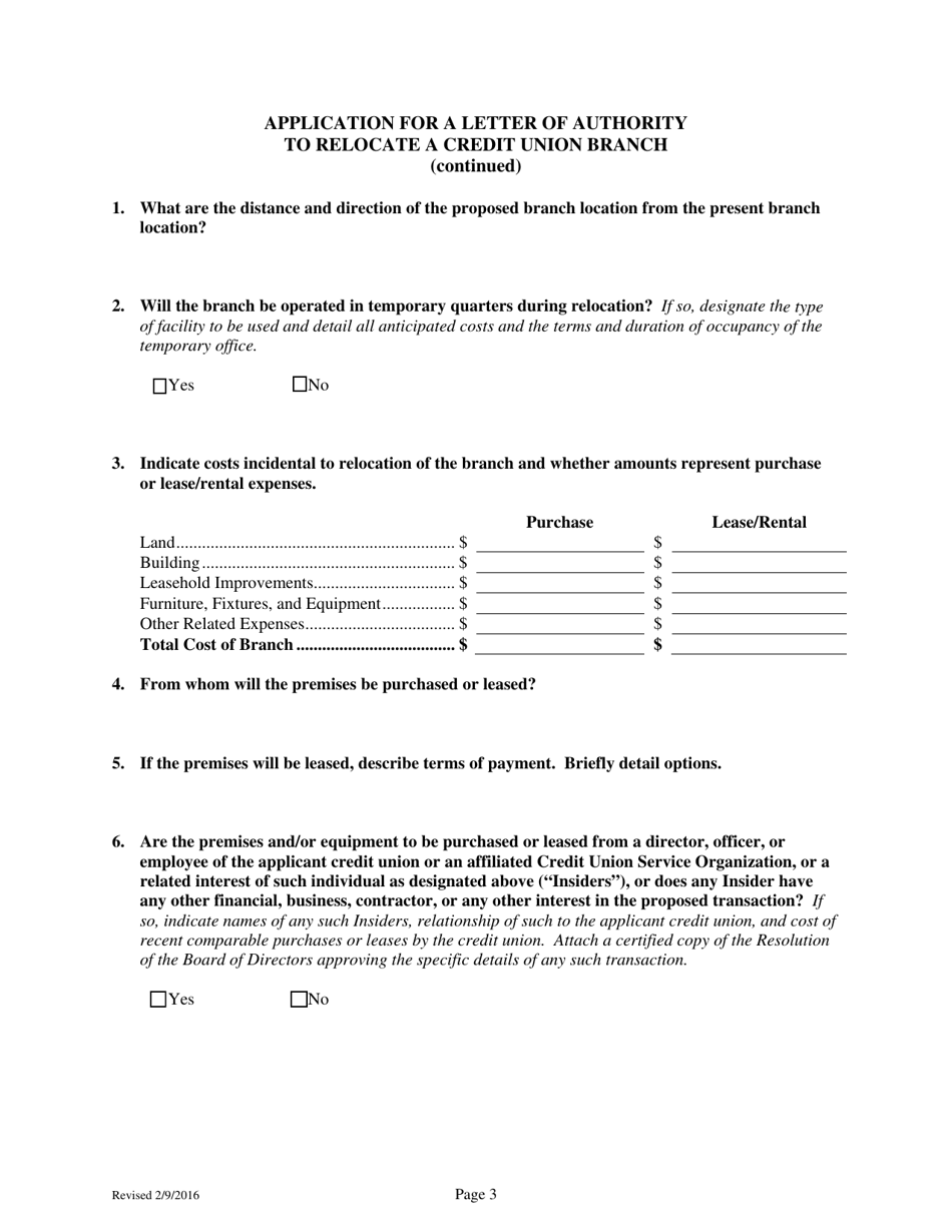 Application for a Letter of Authority to Relocate a Credit Union Branch - Pennsylvania, Page 3
