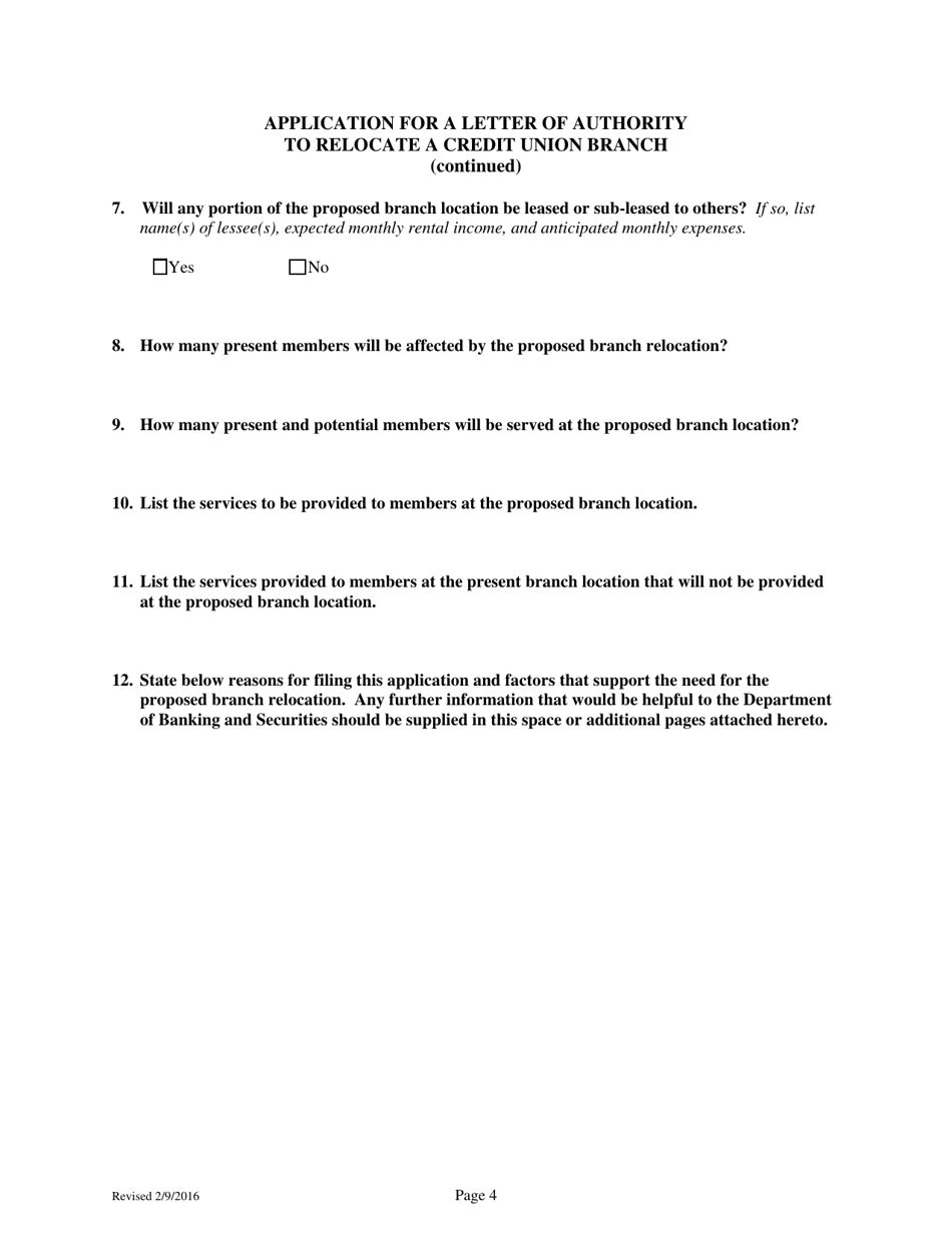 Application for a Letter of Authority to Relocate a Credit Union Branch - Pennsylvania, Page 4
