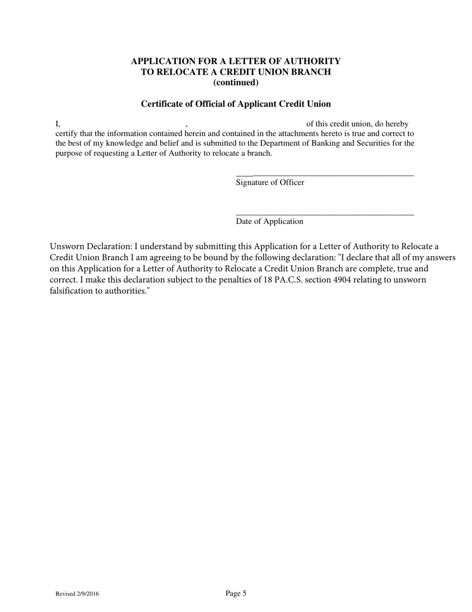 Application for a Letter of Authority to Relocate a Credit Union Branch - Pennsylvania, Page 5
