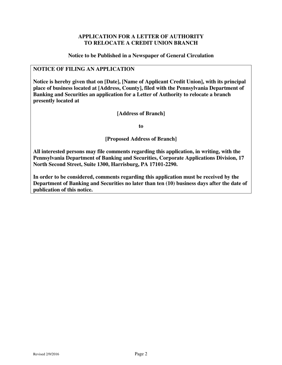 Application for a Letter of Authority to Relocate a Credit Union Branch - Pennsylvania, Page 8
