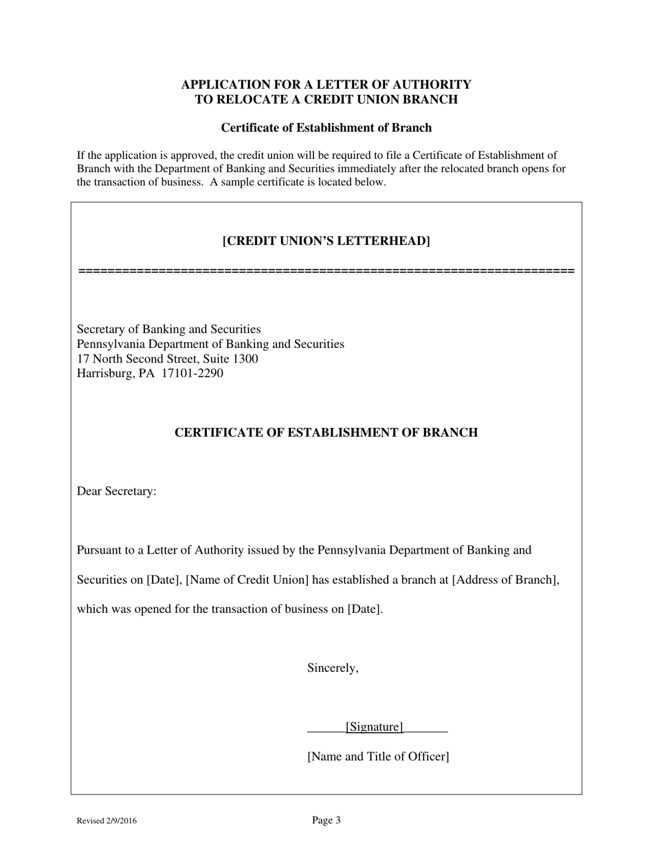 Application for a Letter of Authority to Relocate a Credit Union Branch - Pennsylvania, Page 9