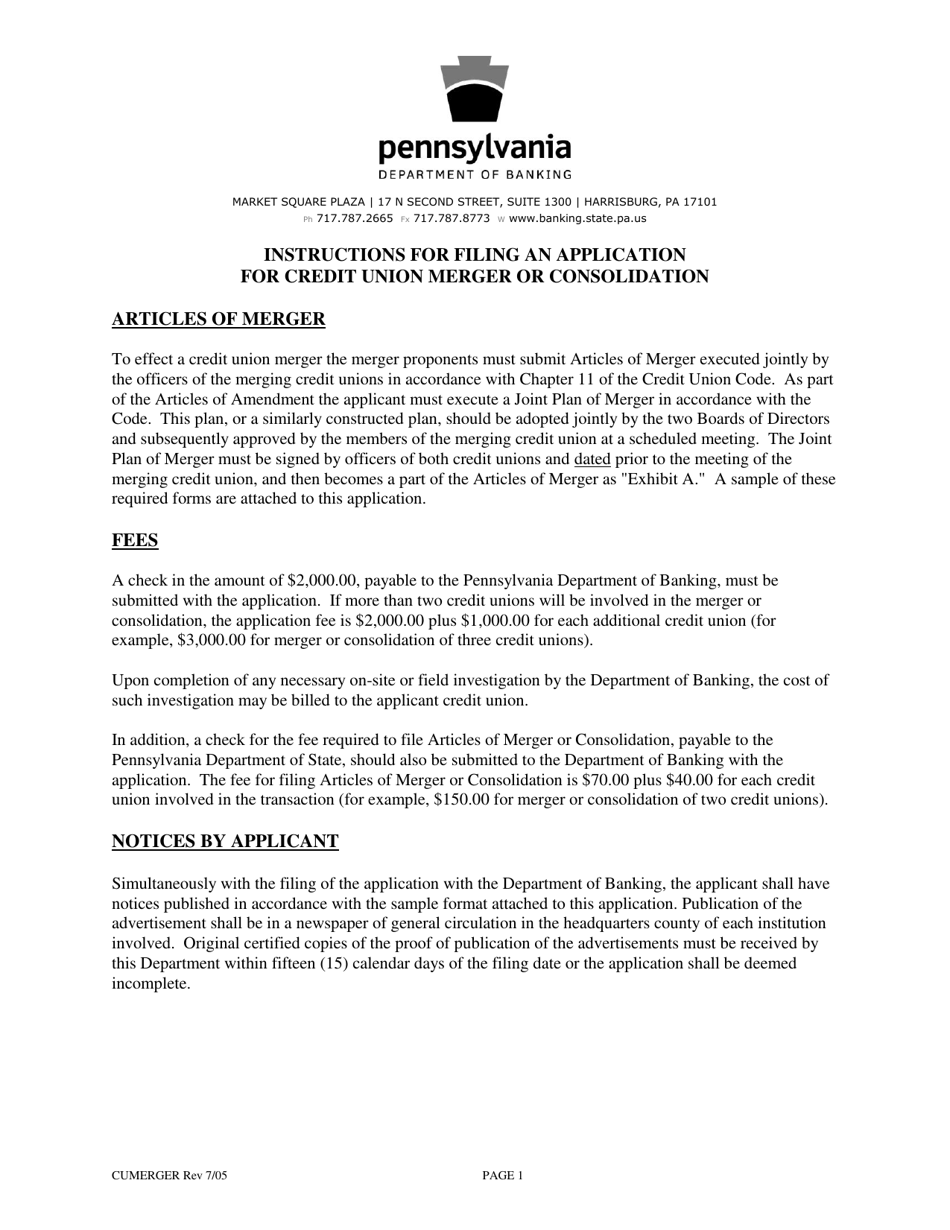 Application for Credit Union Merger or Consolidation - Pennsylvania, Page 1