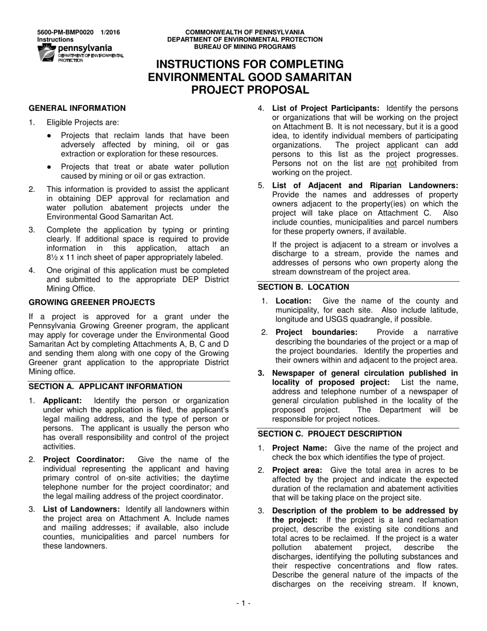 Instructions for Form 5600-PM-BMP0020 Environmental Good Samaritan Project Proposal - Pennsylvania, Page 1
