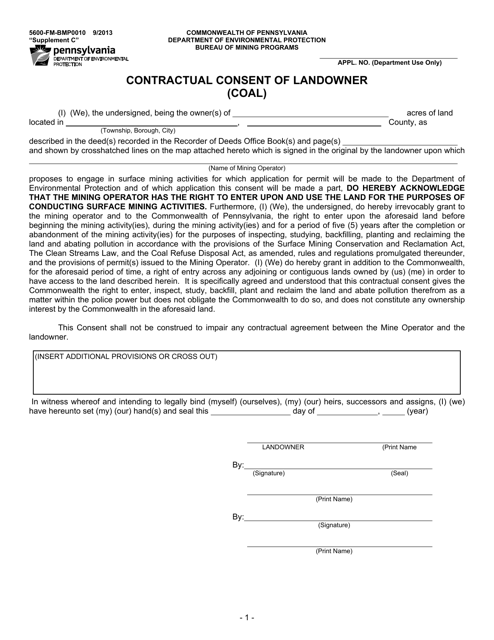 Form 5600-FM-BMP0010 Supplement C Contractual Consent of Landowner (Coal) - Pennsylvania