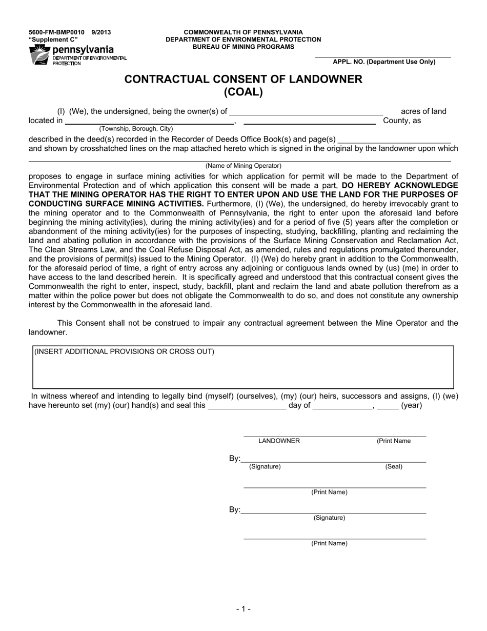Form 5600-FM-BMP0010 Supplement C Contractual Consent of Landowner (Coal) - Pennsylvania, Page 1