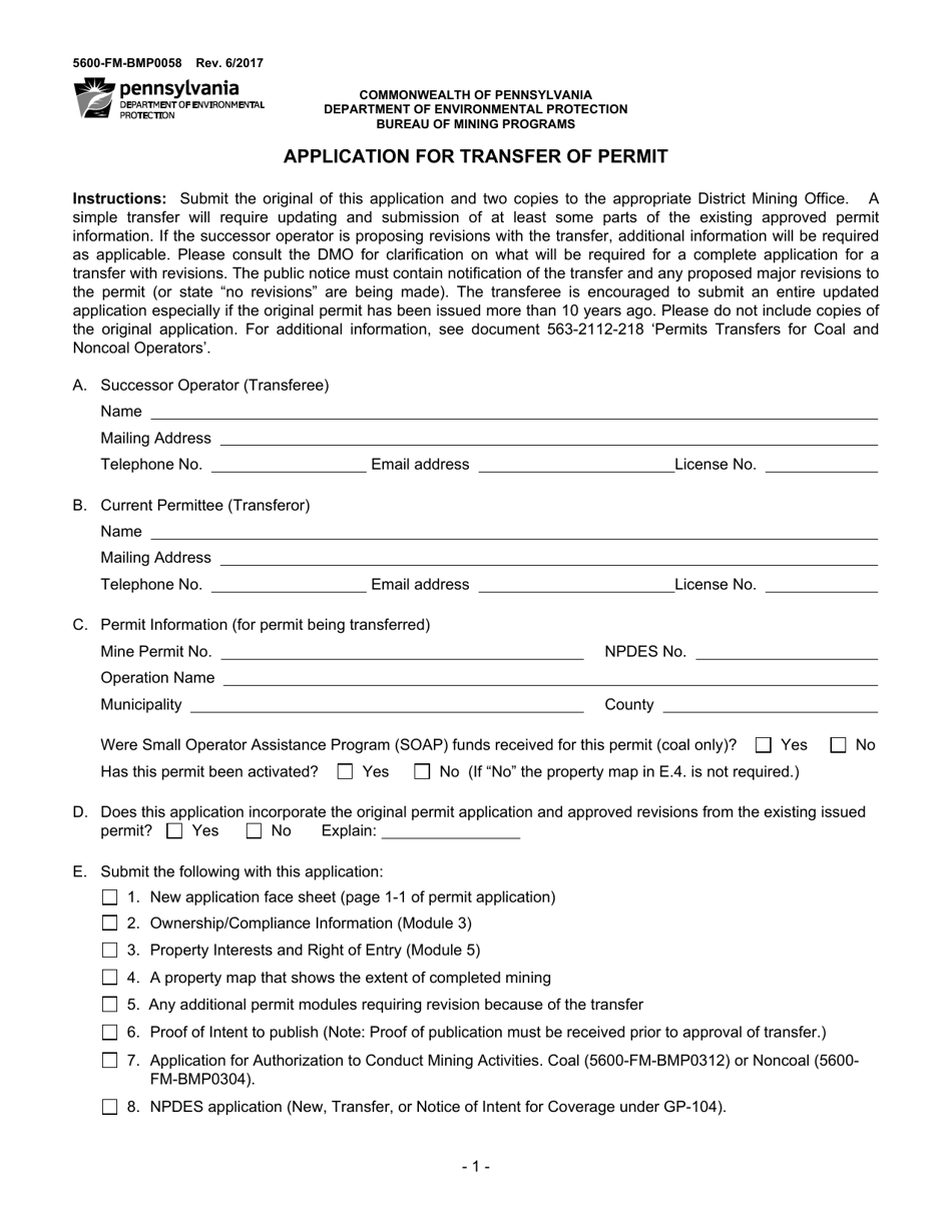 Form 5600-FM-BMP0058 Application for Transfer of Permit - Pennsylvania, Page 1