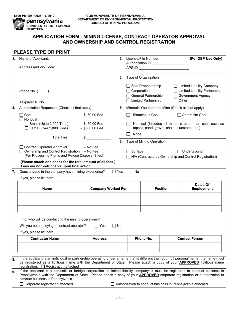 Form 5600-PM-BMP0025 Application Form - Mining License, Contract Operator Approval and Ownership and Control Registration - Pennsylvania, Page 1