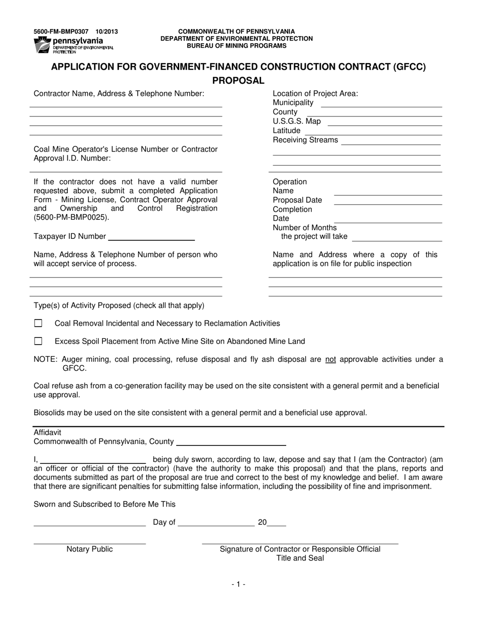 Form 5600-FM-BMP0307 Application for Government-Financed Construction Contract (Gfcc) Proposal - Pennsylvania, Page 1