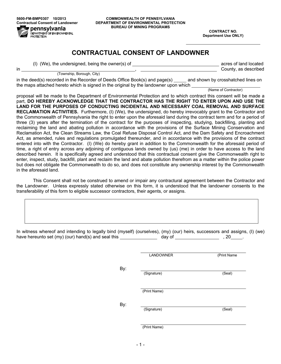 Form 5600-FM-BMP0307 Contractual Consent of Landowner - Pennsylvania, Page 1