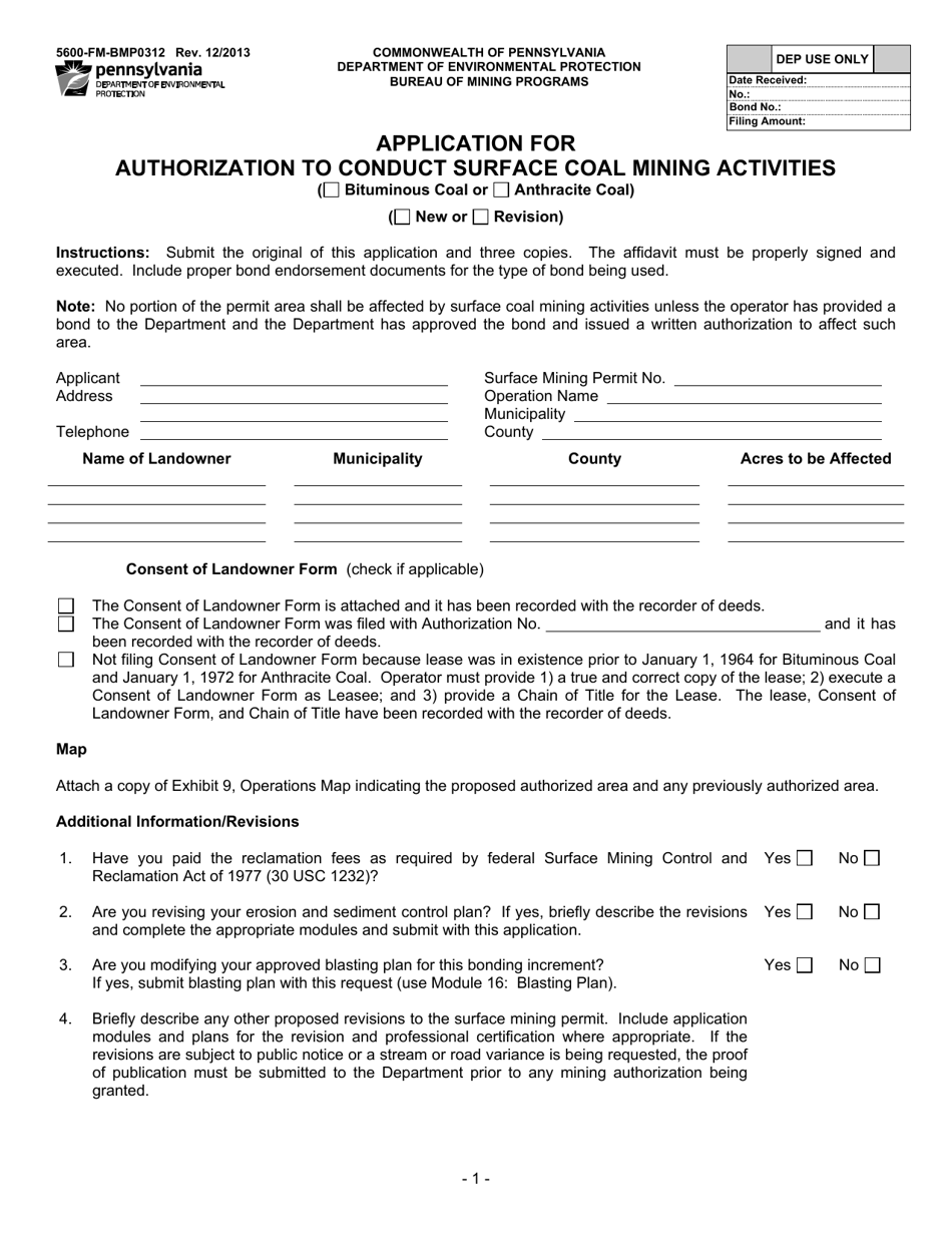 Form 5600-FM-BMP0312 Application for Authorization to Conduct Surface Coal Mining Activities - Pennsylvania, Page 1