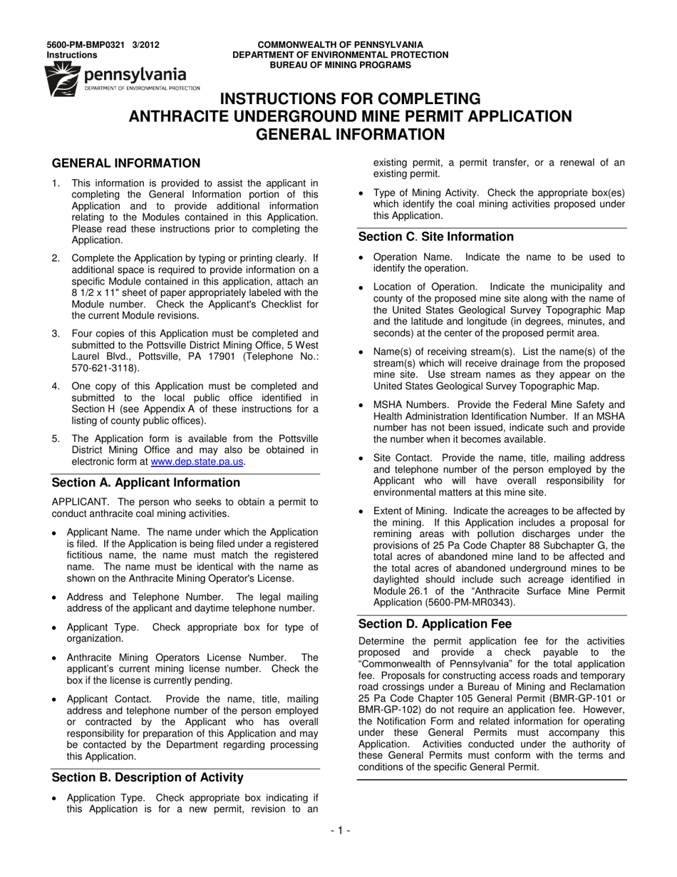 Instructions for Form 5600-PM-BMP0321 Anthracite Underground Mine Permit Application - Pennsylvania, Page 1