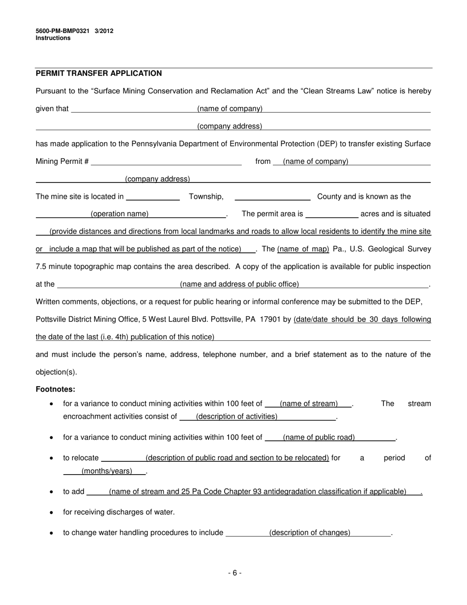 Instructions for Form 5600-PM-BMP0321 Anthracite Underground Mine Permit Application - Pennsylvania, Page 6