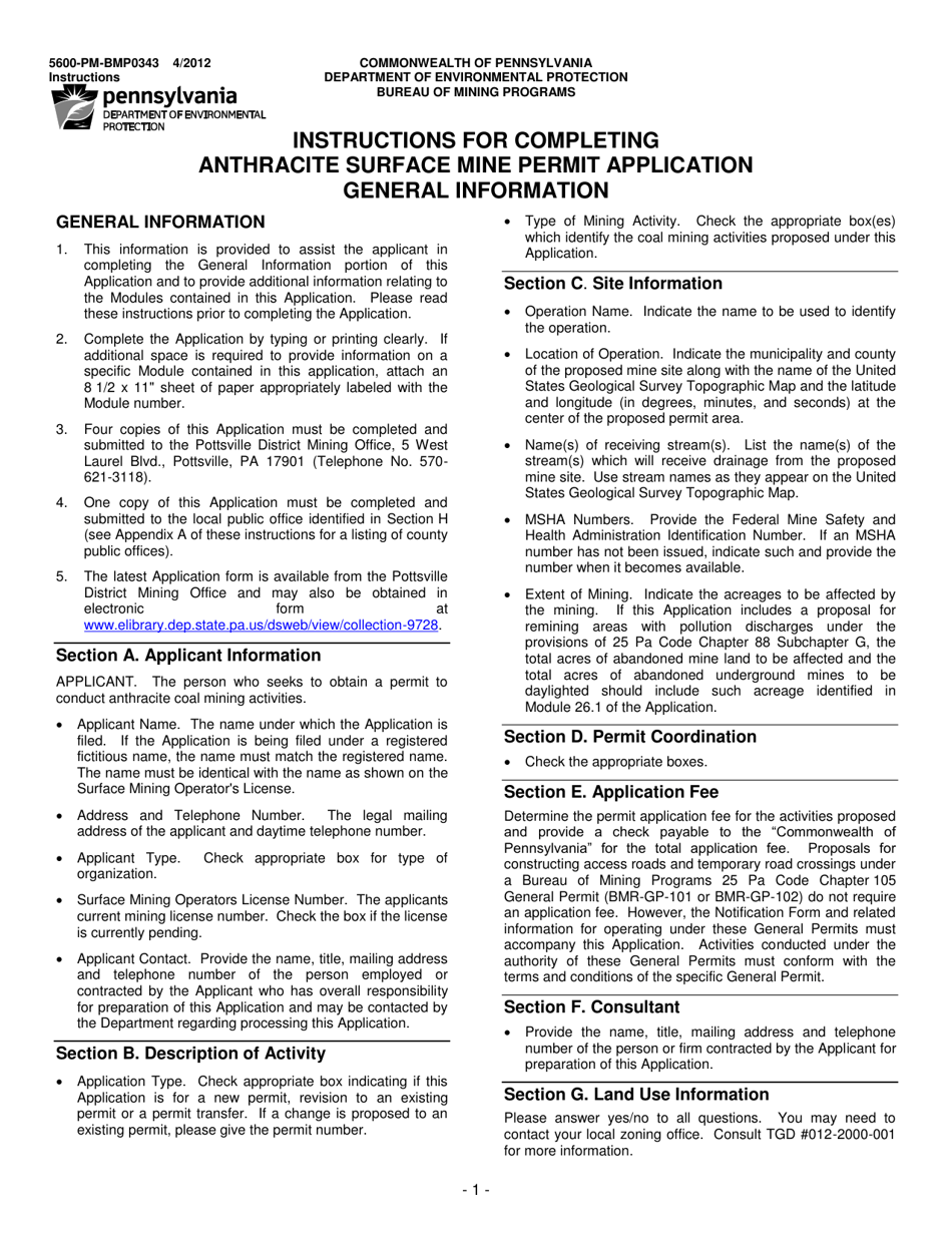 Instructions for Form 5600-PM-BP0343 Anthracite Surface Mine Permit Application - Pennsylvania, Page 1