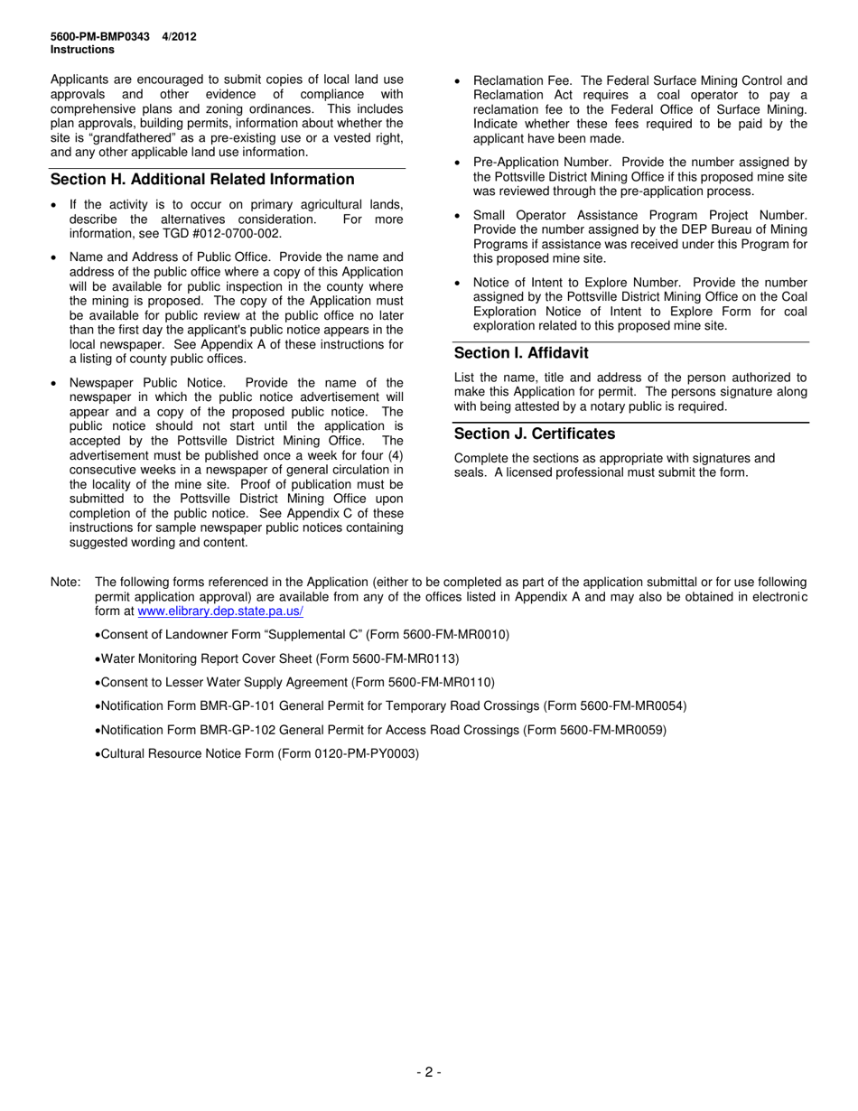 Instructions for Form 5600-PM-BP0343 Anthracite Surface Mine Permit Application - Pennsylvania, Page 2