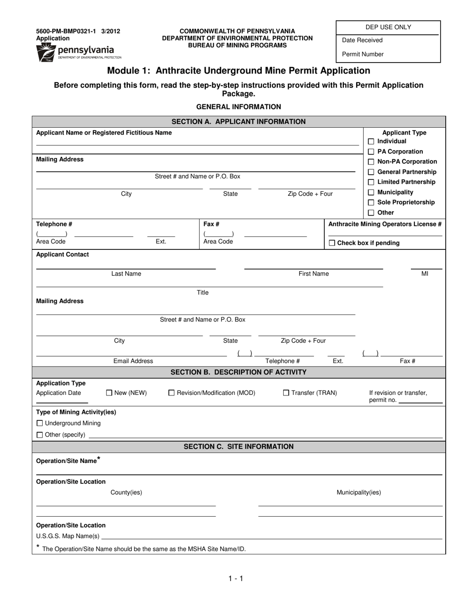 Form 5600-PM-BMP0321-1 Module 1: Anthracite Underground Mine Permit Application - Pennsylvania, Page 1