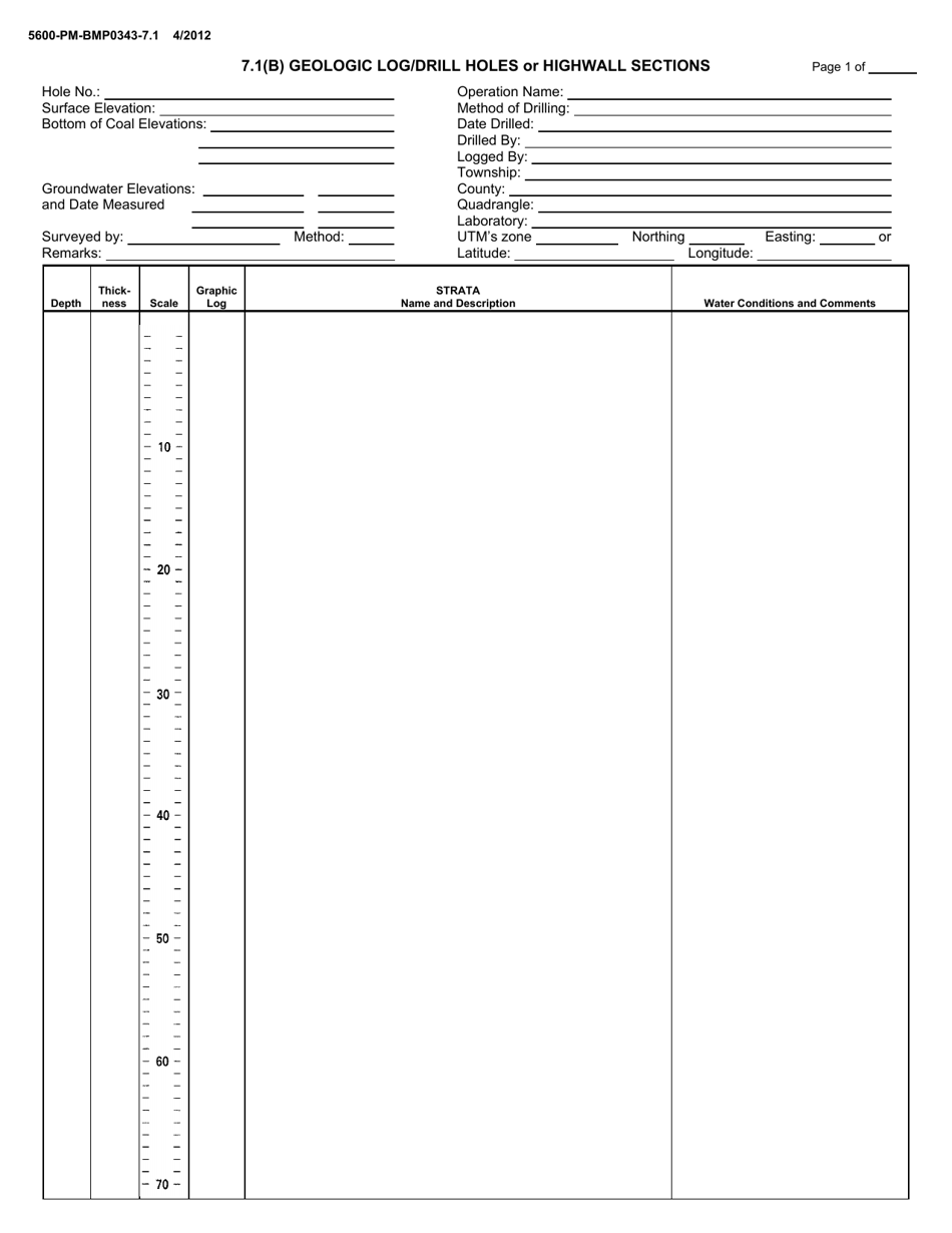 Form 5600-PM-BMP0343-7.1 7.1(B) Geologic Log / Drill Holes or Highwall Sections - Pennsylvania, Page 1