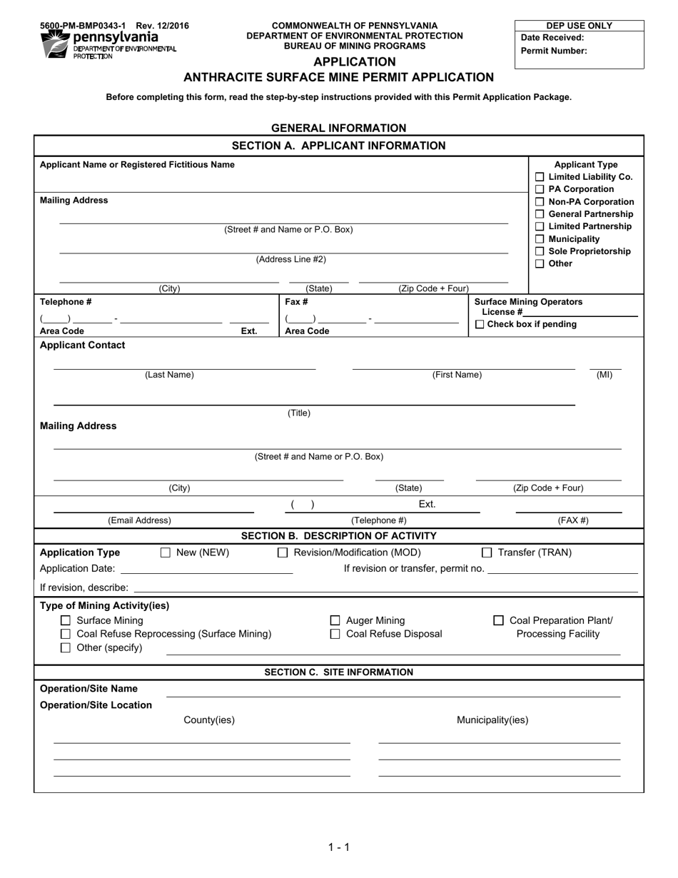Form 5600-PM-BMP0343-1 Anthracite Surface Mine Permit Application - Pennsylvania, Page 1