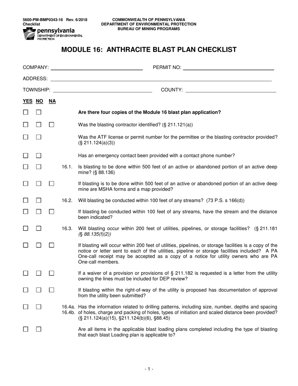 Form 5600-PM-BMP0343-16 Module 16: Anthracite Blast Plan Checklist - Pennsylvania, Page 1