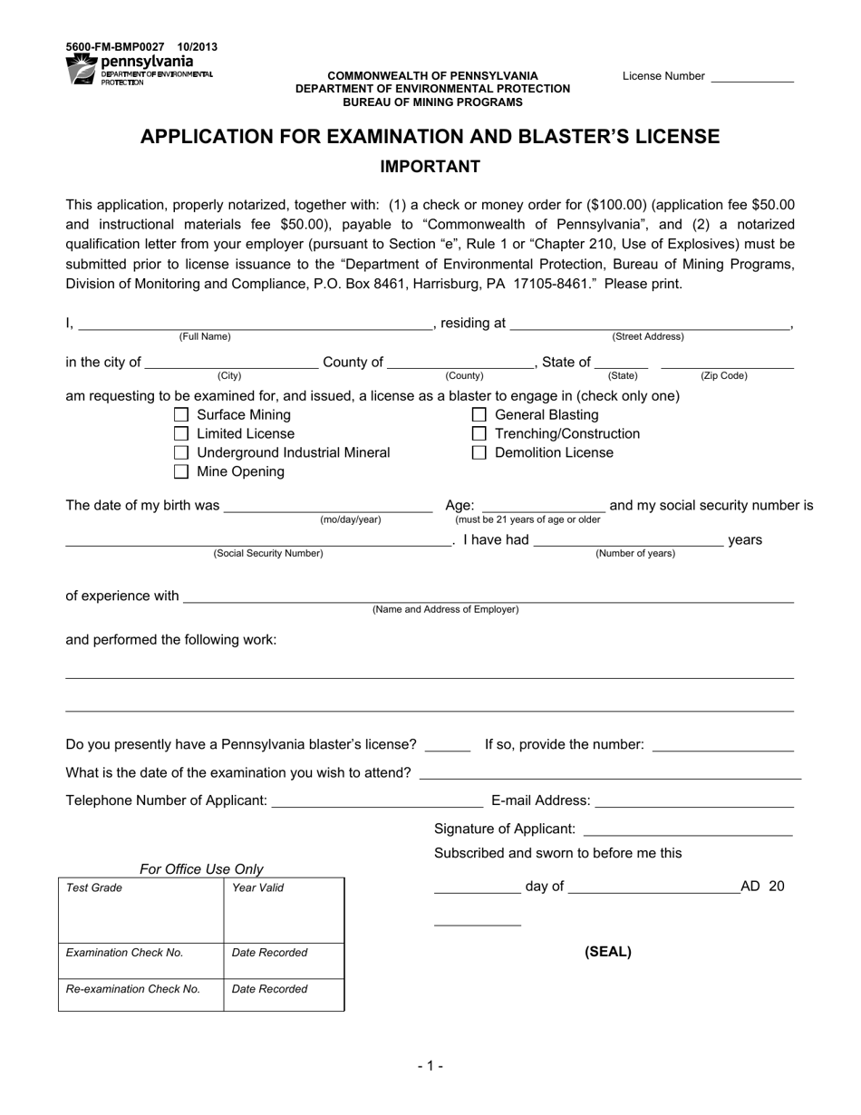 Form 5600-FM-BMP0027 Application for Examination and Blasters License - Pennsylvania, Page 1