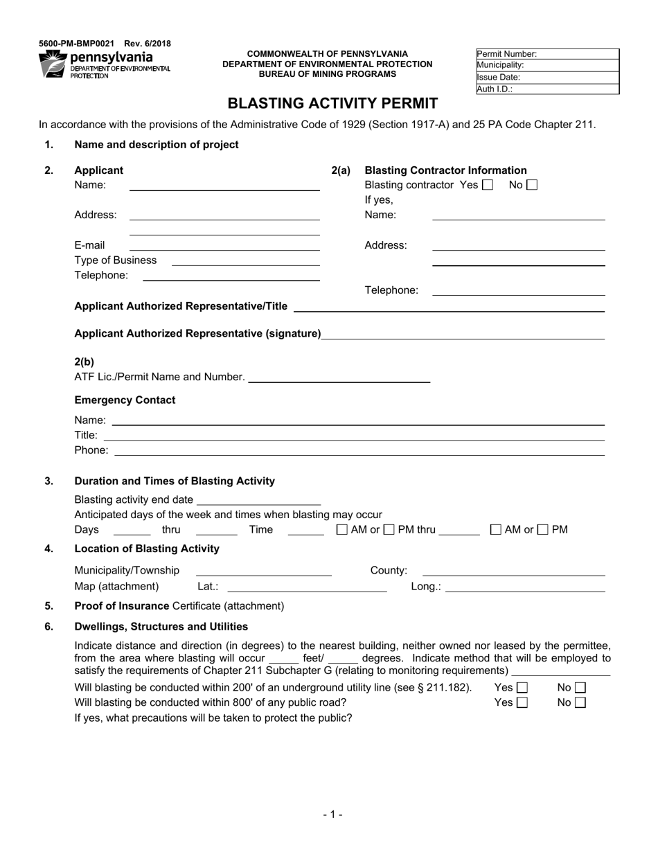 Form 5600-PM-BMP0021 Blasting Activity Permit - Pennsylvania, Page 1