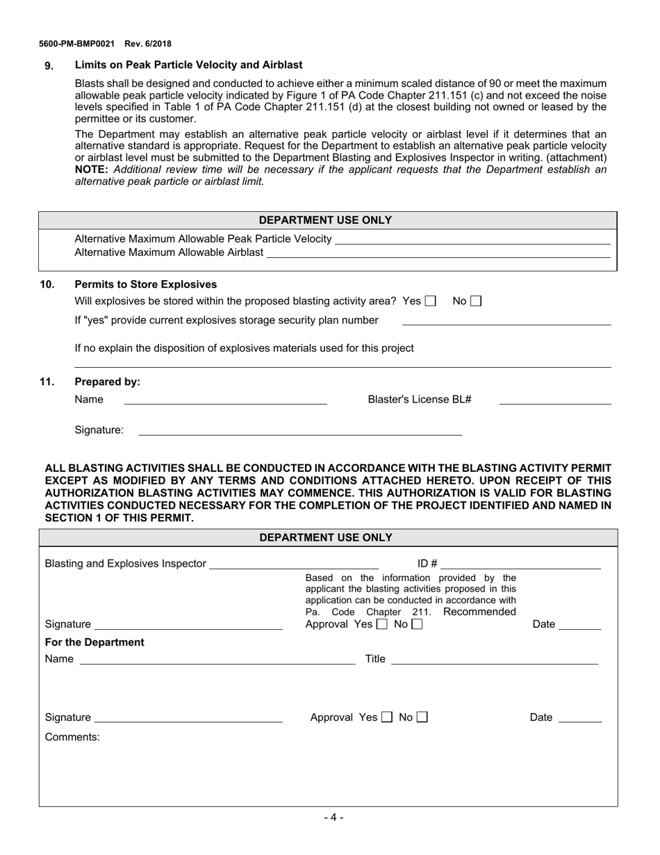 Form 5600-PM-BMP0021 Blasting Activity Permit - Pennsylvania, Page 4