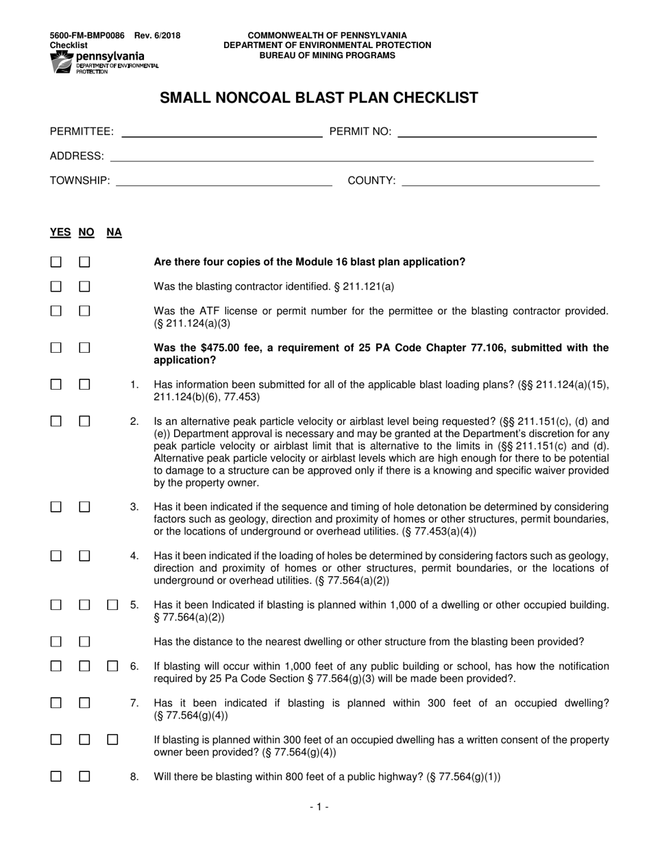 Form 5600-FM-BMP0086 Small Noncoal Blast Plan Checklist - Pennsylvania, Page 1
