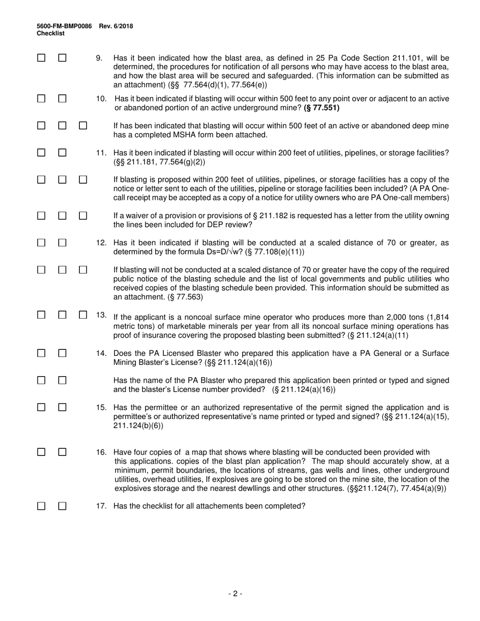 Form 5600-FM-BMP0086 Small Noncoal Blast Plan Checklist - Pennsylvania, Page 2
