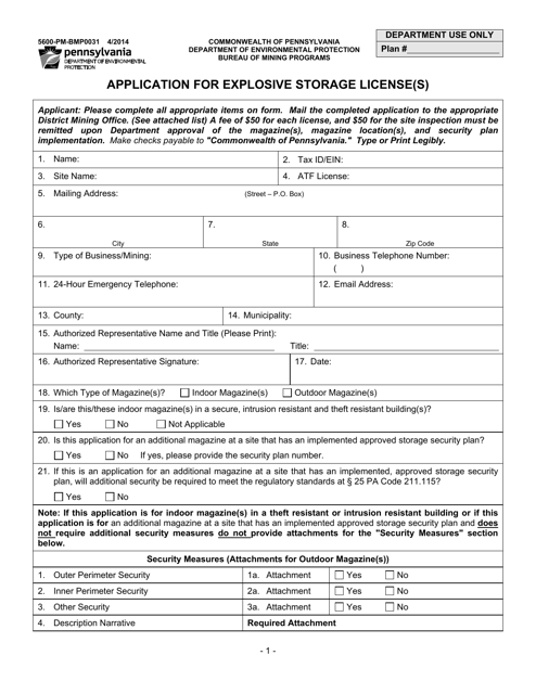 Form 5600-PM-BMP0031 Application for Explosive Storage License(S) - Pennsylvania