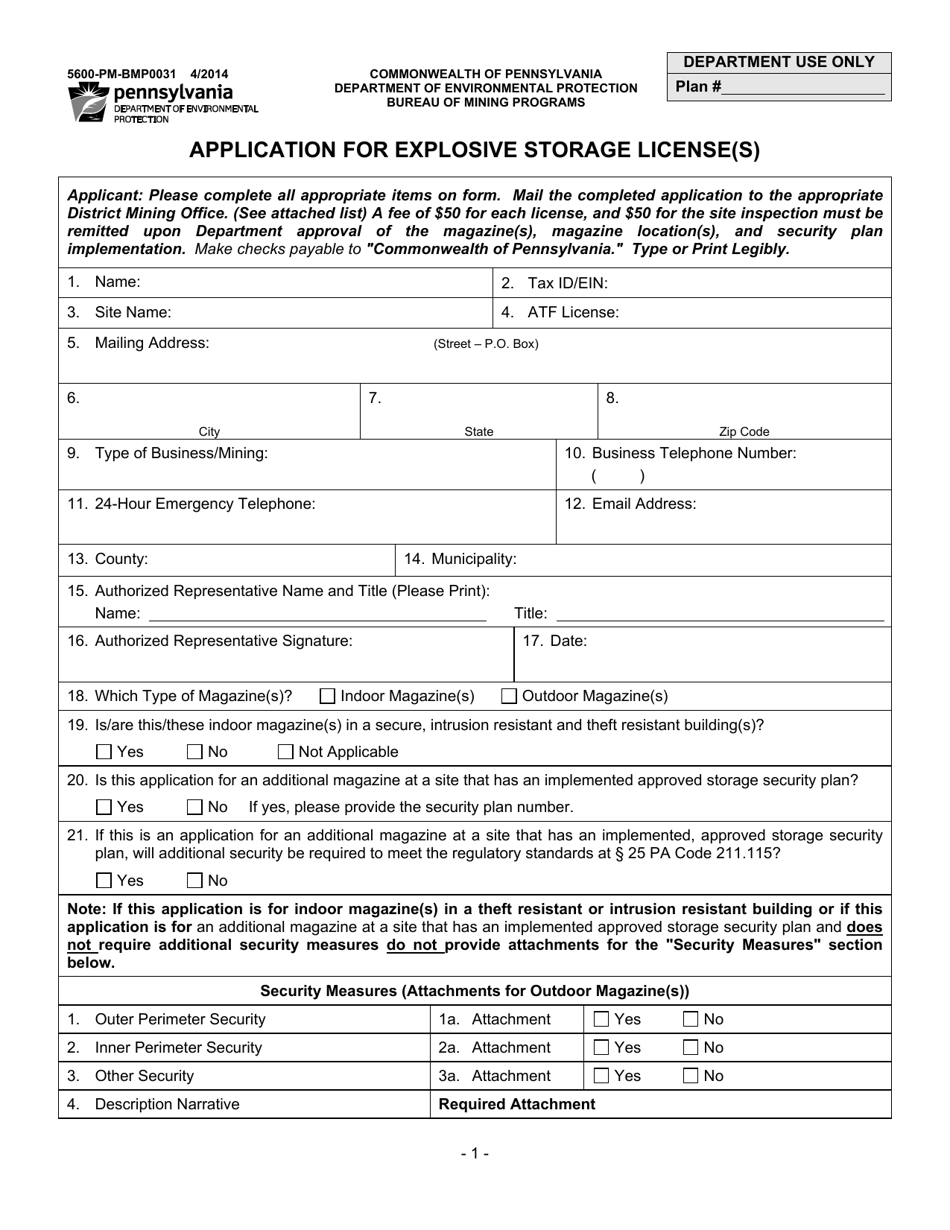 Form 5600-PM-BMP0031 Application for Explosive Storage License(S) - Pennsylvania, Page 1