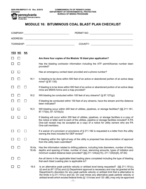 Form 5600-PM-BMP0311-16 Module 16: Bituminous Coal Blast Plan Checklist - Pennsylvania