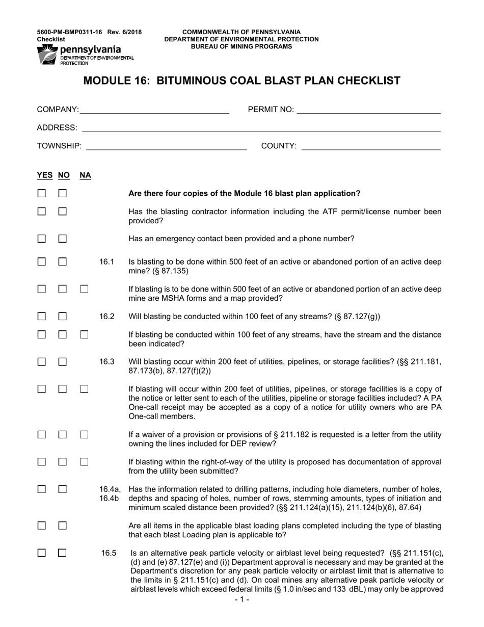 Form 5600-PM-BMP0311-16 Module 16: Bituminous Coal Blast Plan Checklist - Pennsylvania, Page 1