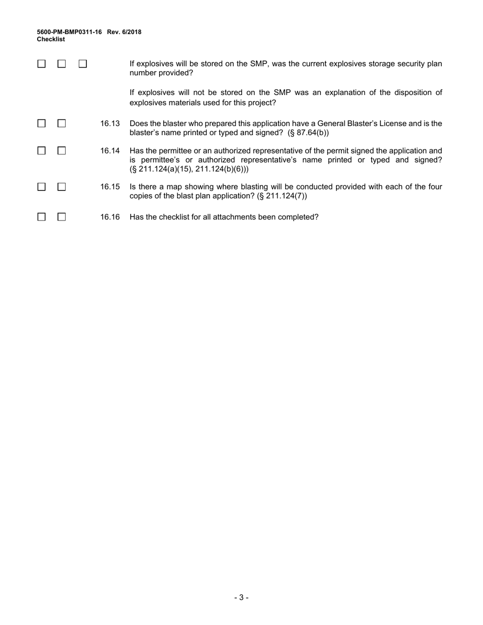 Form 5600-PM-BMP0311-16 Module 16: Bituminous Coal Blast Plan Checklist - Pennsylvania, Page 3
