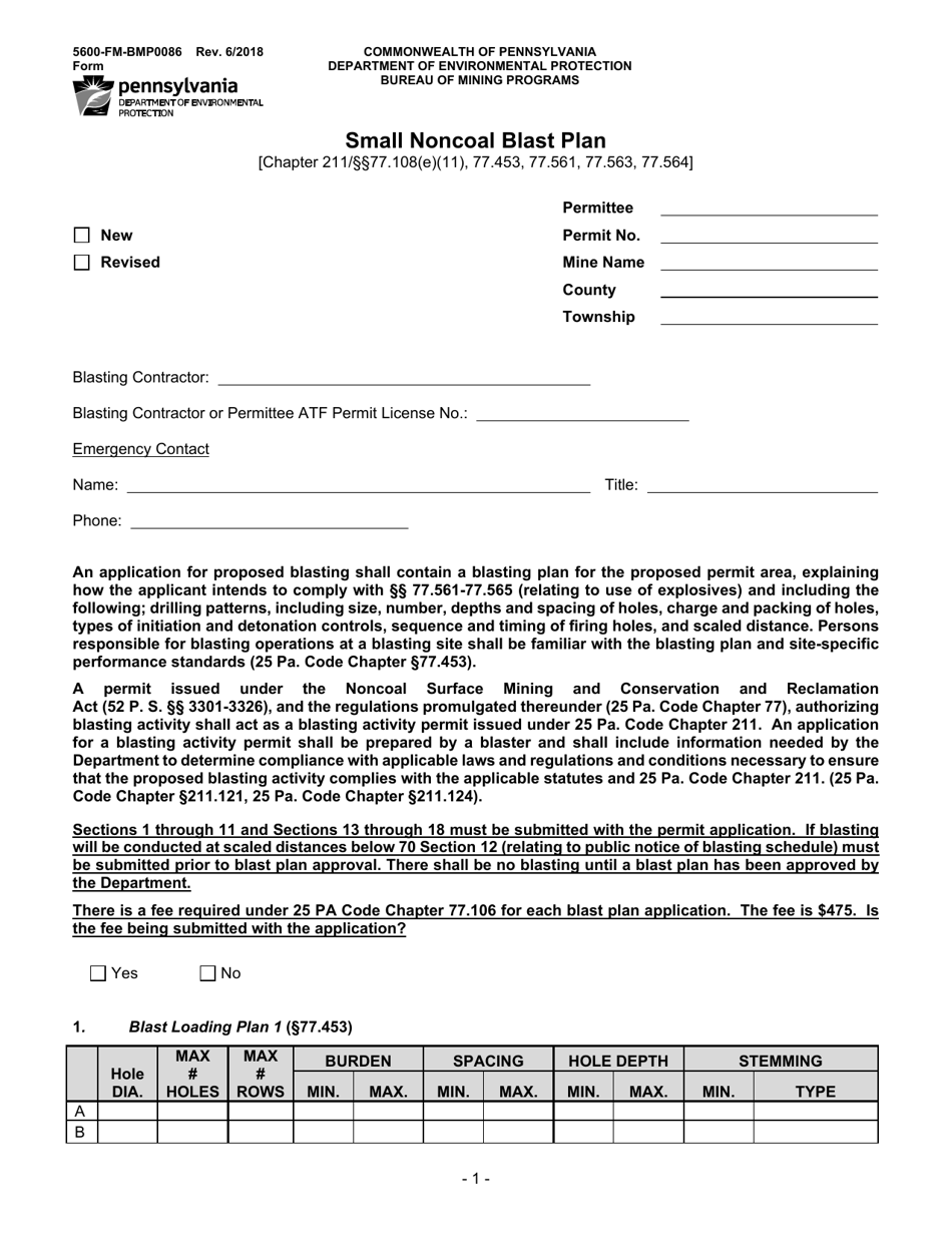 Form 5600-FM-BMP0086 Small Noncoal Blast Plan - Pennsylvania, Page 1