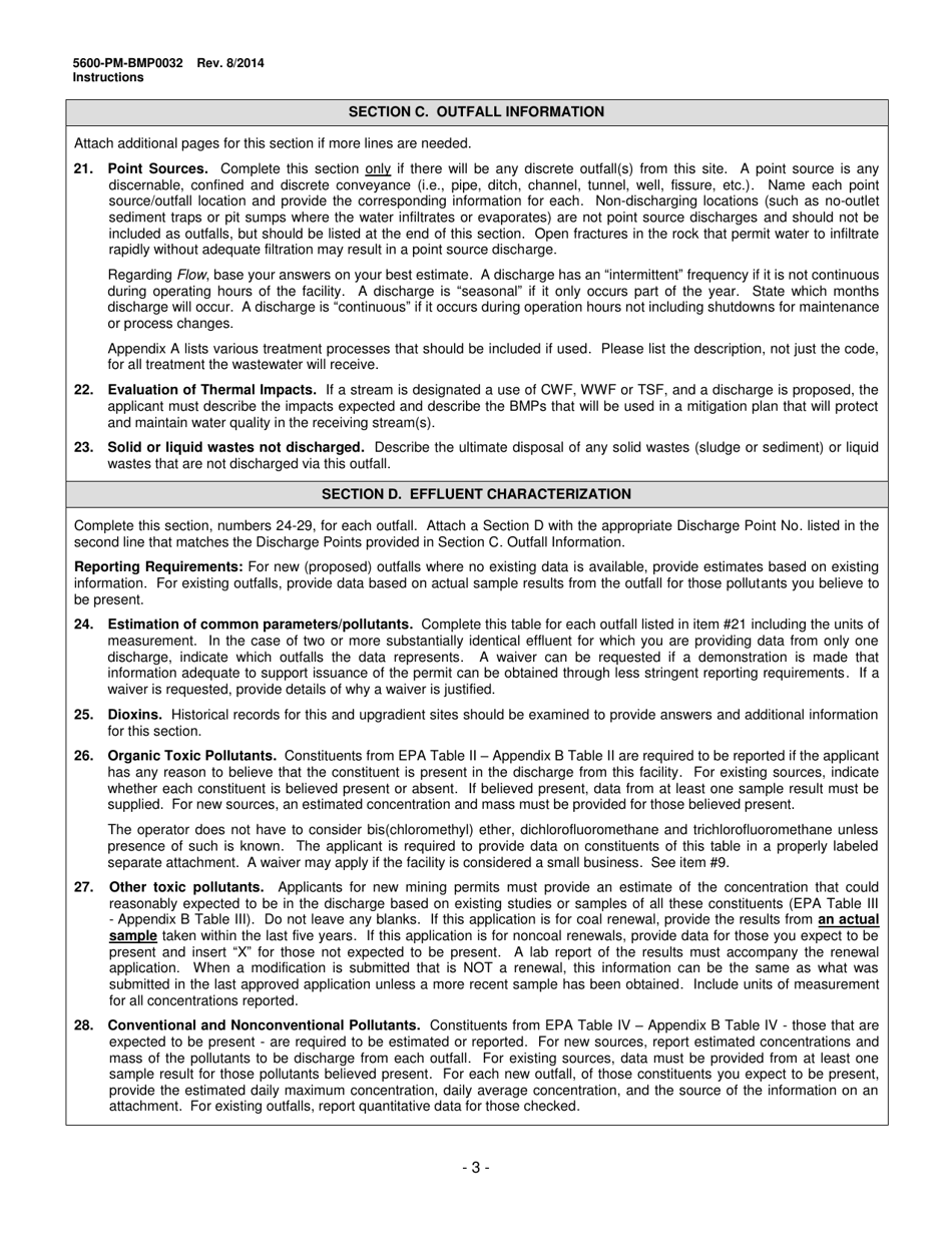 Instructions for Form 5600-PM-BMP0032 Application for Individual Npdes Permit Associated With Mining Activities - Pennsylvania, Page 3