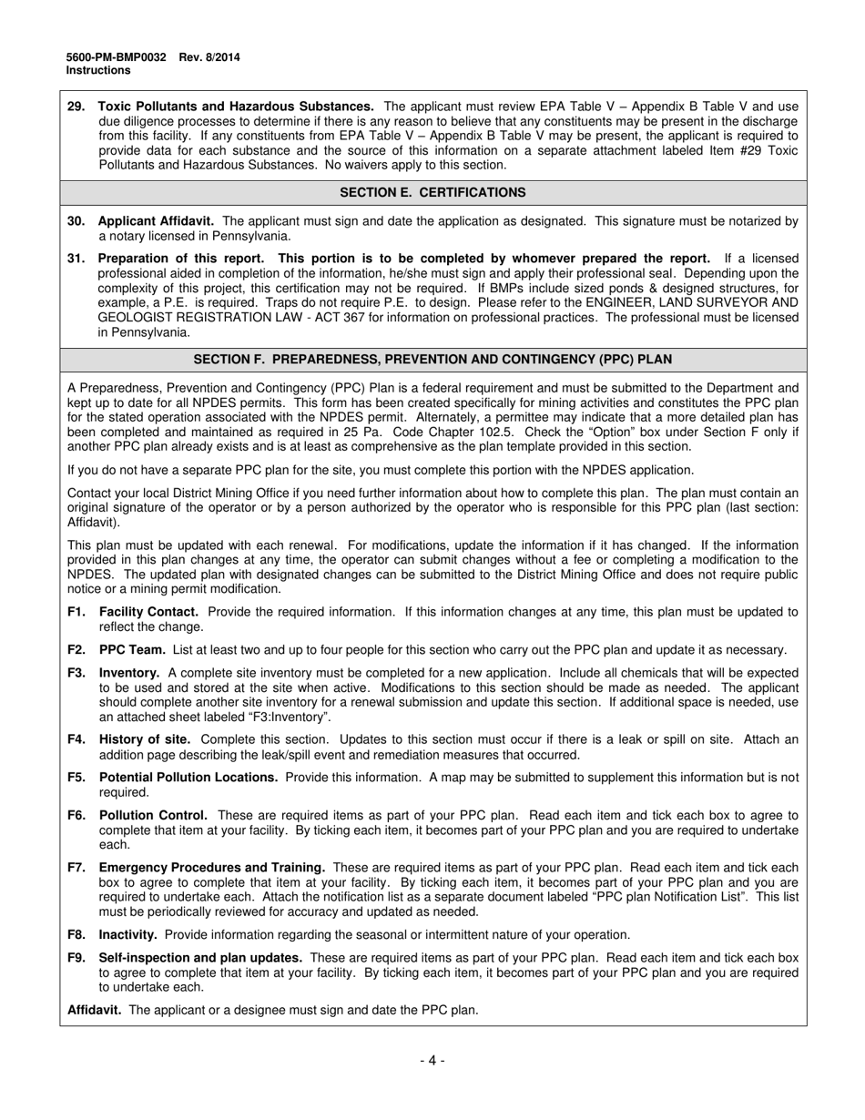 Instructions for Form 5600-PM-BMP0032 Application for Individual Npdes Permit Associated With Mining Activities - Pennsylvania, Page 4