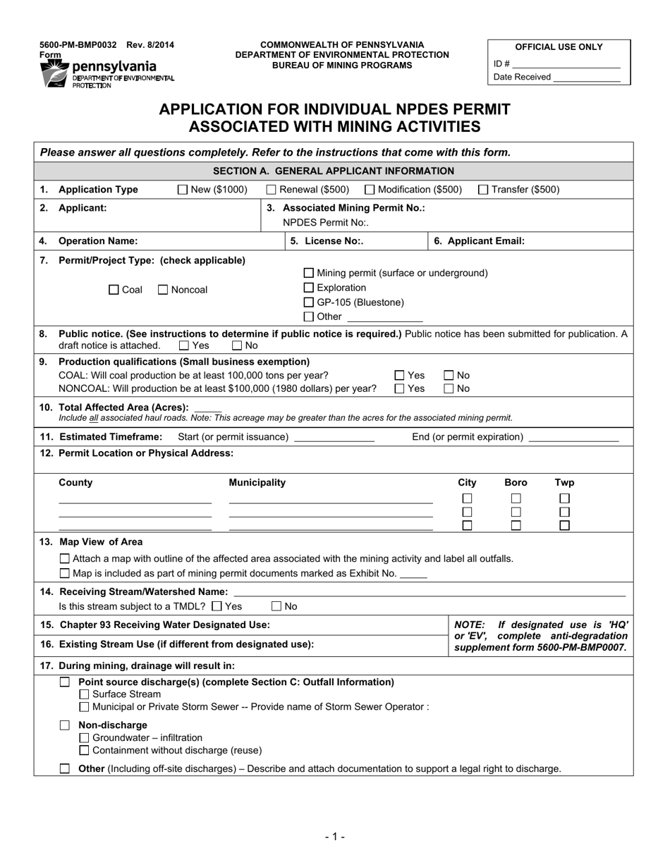 Form 5600-PM-BMP0032 Application for Individual Npdes Permit Associated With Mining Activities - Pennsylvania, Page 1