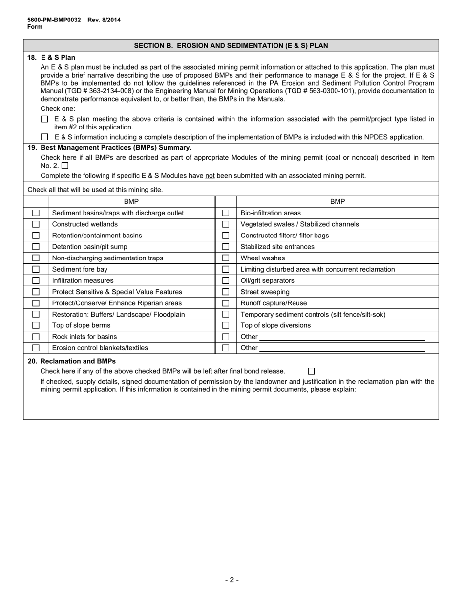 Form 5600-PM-BMP0032 Application for Individual Npdes Permit Associated With Mining Activities - Pennsylvania, Page 2