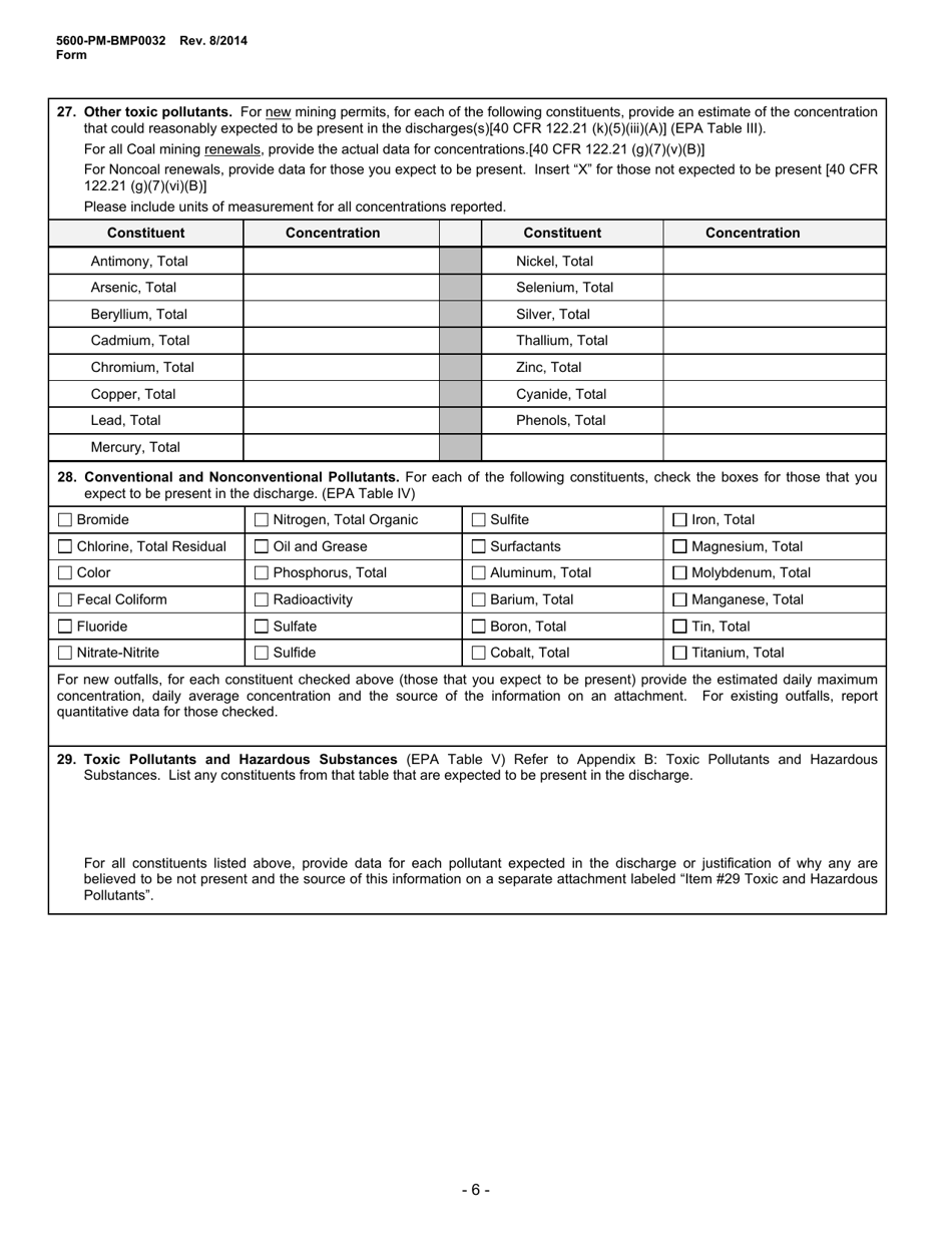 Form 5600-PM-BMP0032 Application for Individual Npdes Permit Associated With Mining Activities - Pennsylvania, Page 6