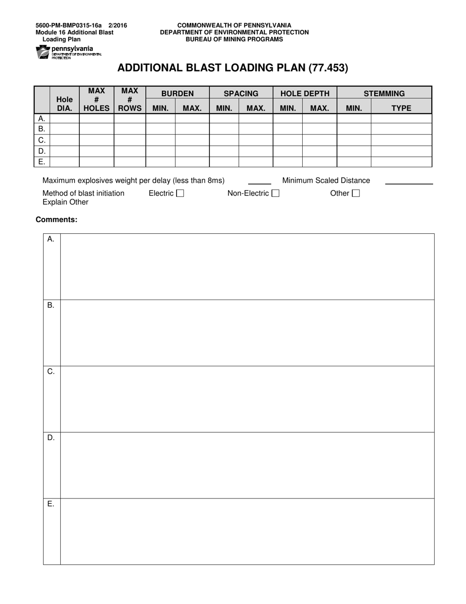 Form 5600-PM-BMP0315-16A Additional Blast Loading Plan (77.453) - Pennsylvania, Page 1