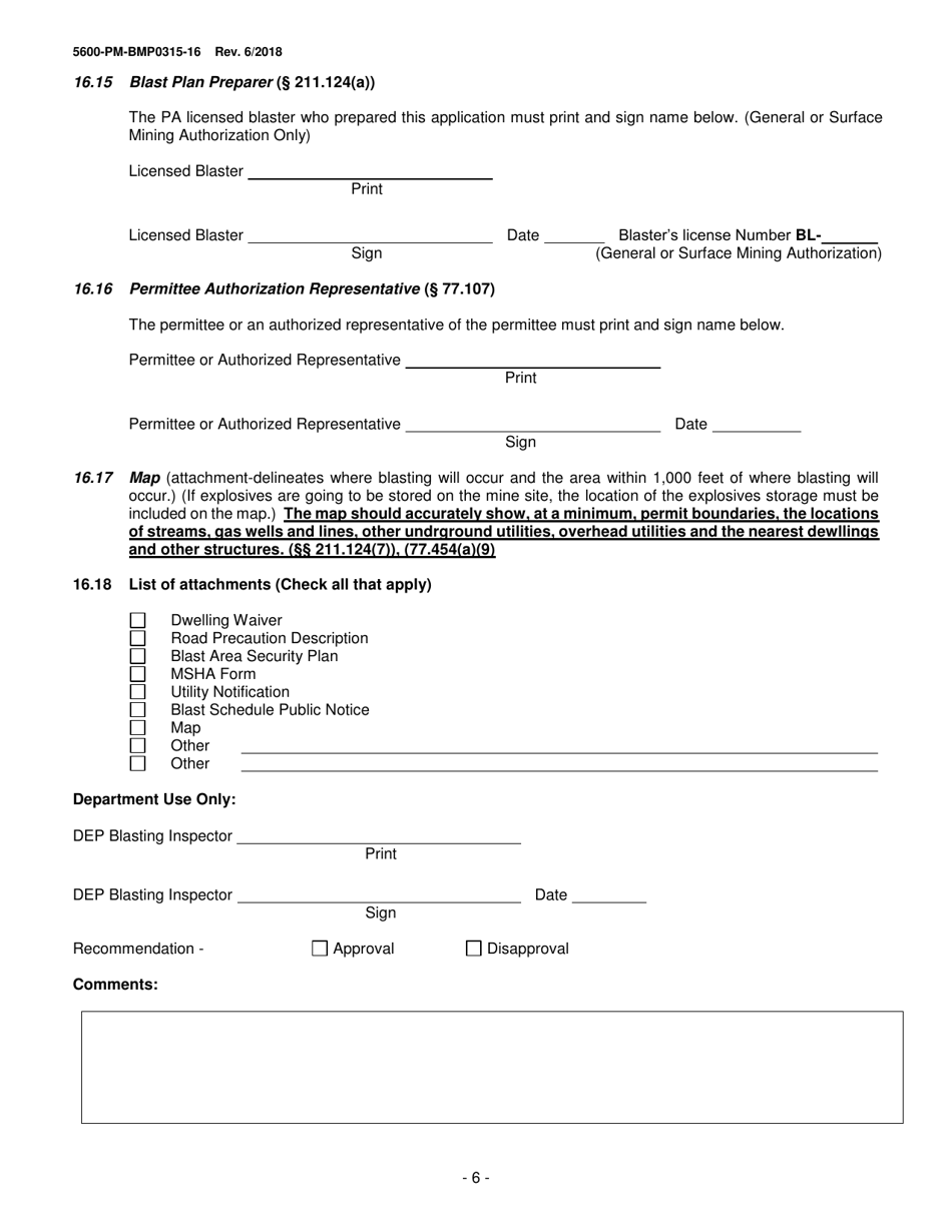 Form 5600-PM-BMP0315-16 Module 16: Large Noncoal Blast Plan - Pennsylvania, Page 6