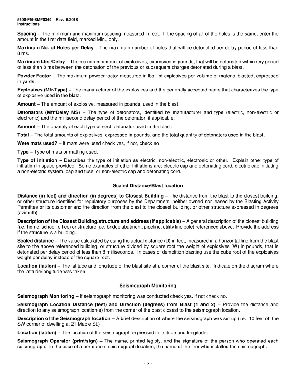 Instructions for Form 5600-FM-BMP0340 Pennsylvania DEP Standardized Blast Report - Pennsylvania, Page 2