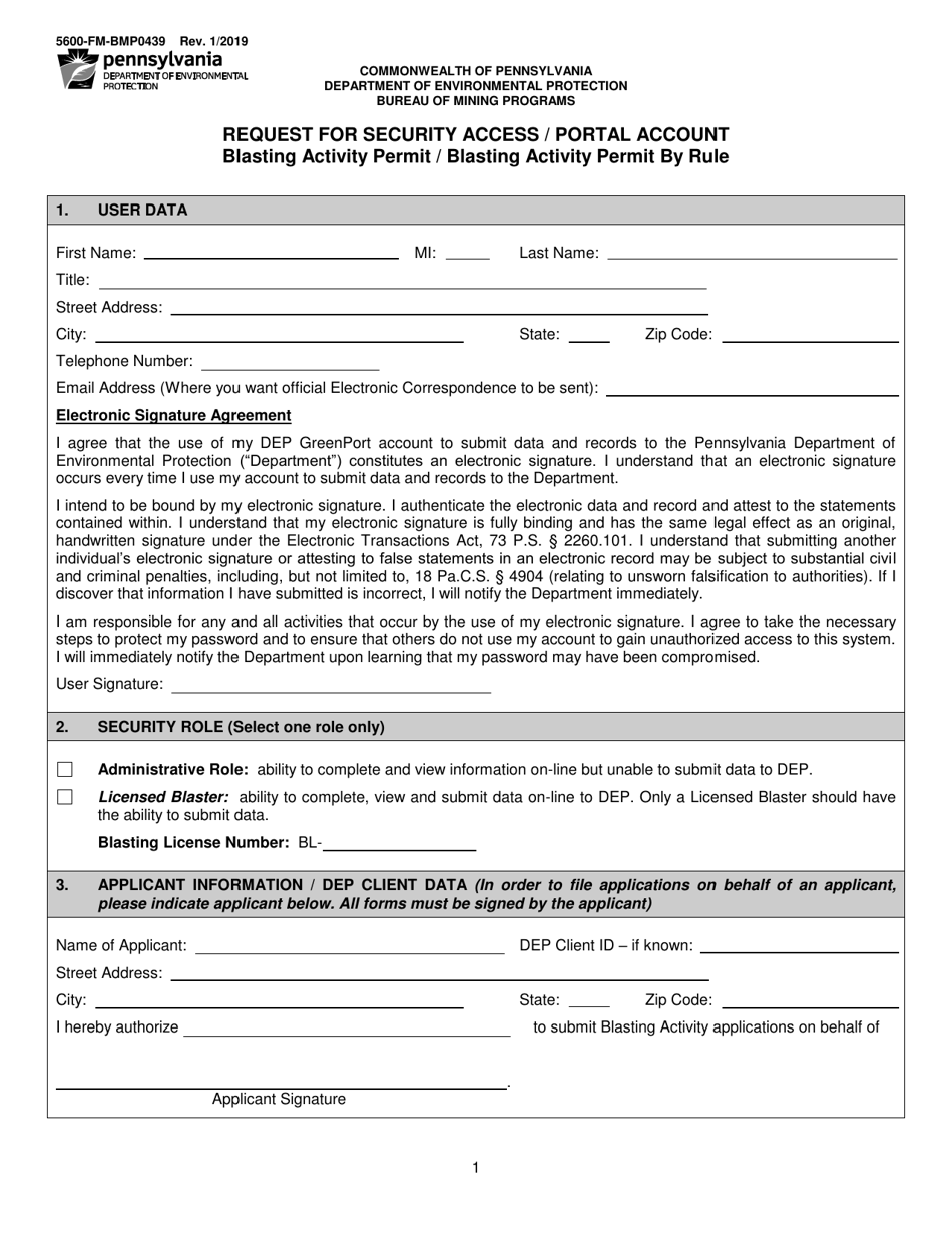 Form 5600-FM-BMP0439 Request for Security Access / Portal Account Blasting Activity Permit / Blasting Activity Permit by Rule - Pennsylvania, Page 1