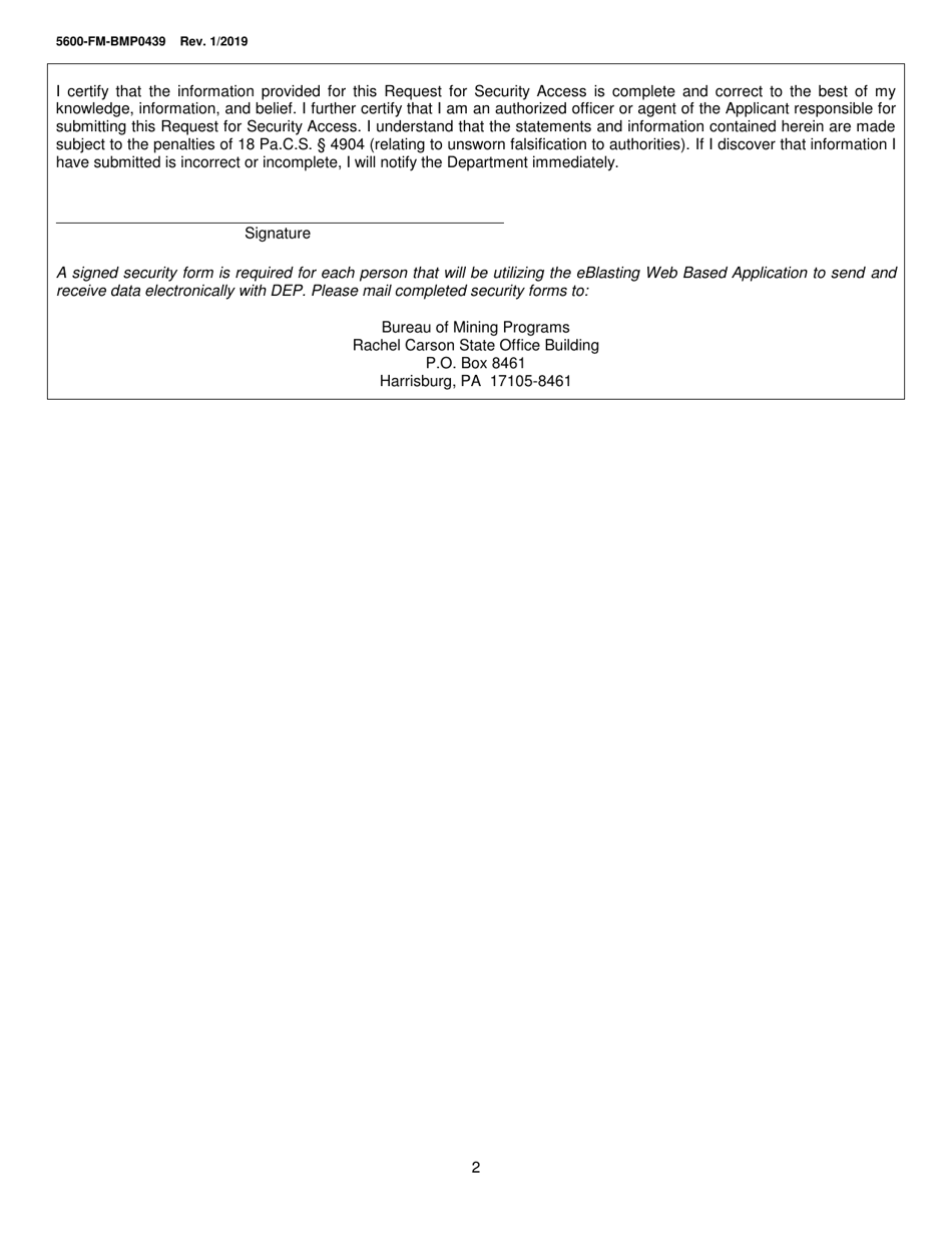 Form 5600-FM-BMP0439 Request for Security Access / Portal Account Blasting Activity Permit / Blasting Activity Permit by Rule - Pennsylvania, Page 2