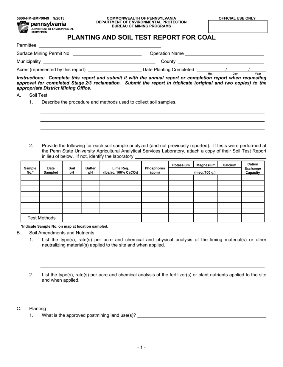 Form 5600-FM-BMP0049 Planting and Soil Test Report for Coal - Pennsylvania, Page 1