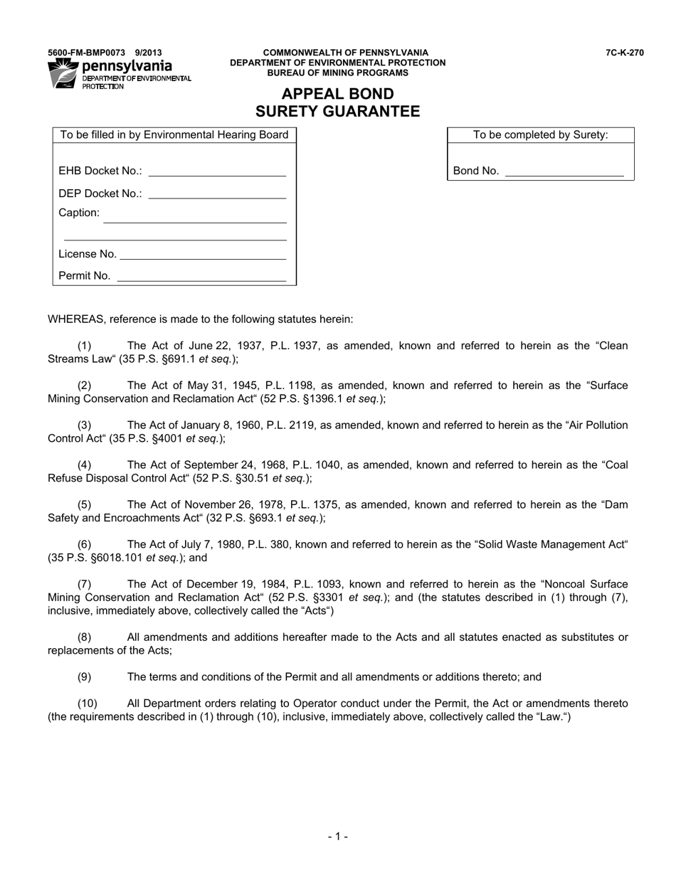 Form 5600-FM-BMP0073 Appeal Bond Surety Guarantee - Pennsylvania, Page 1