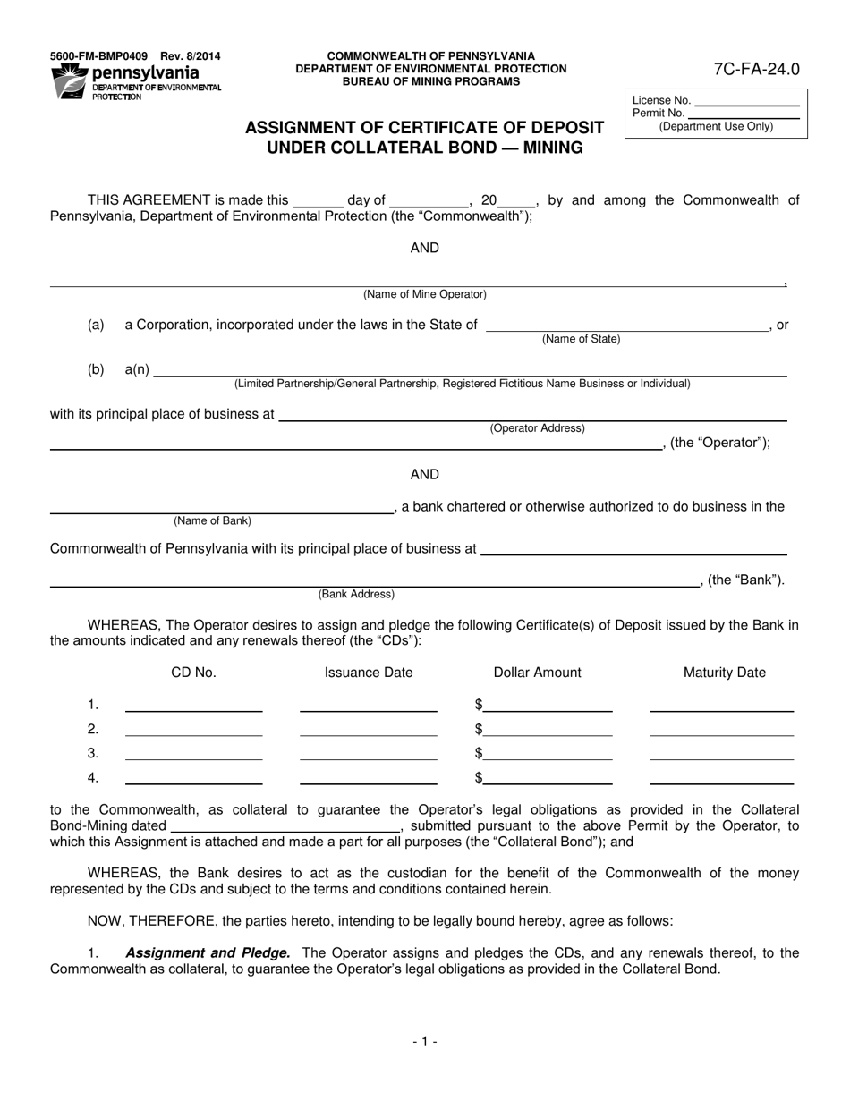 Form 5600-FM-BMP0409 Assignment of Certificate of Deposit Under Collateral Bond - Mining - Pennsylvania, Page 1