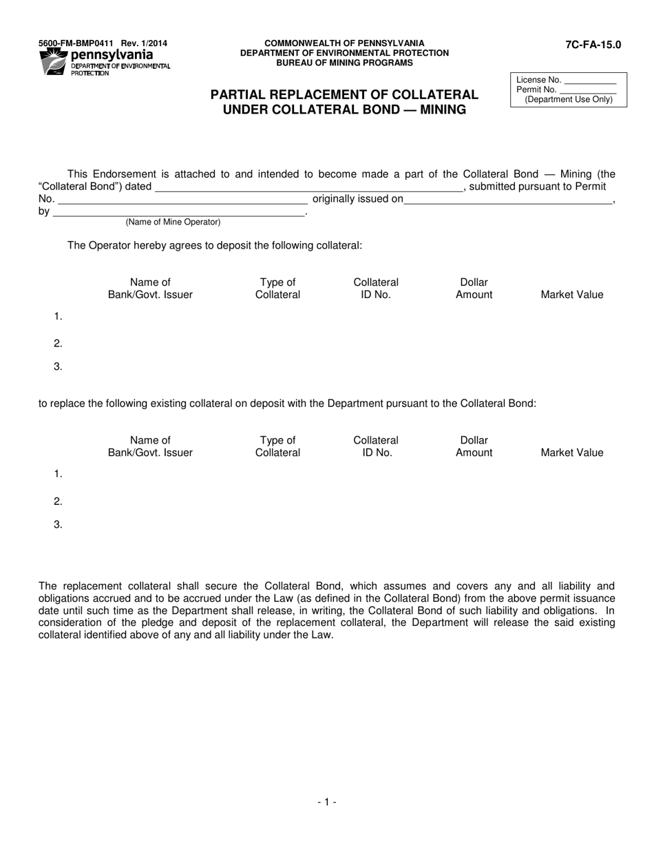 Form 5600-FM-BMP0411 Partial Replacement of Collateral Under Collateral Bond - Mining - Pennsylvania, Page 1